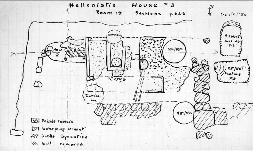 catalogue 123 Figure 50. Notebook sketch plan of House 3 showing cemented floor and basins, with casting pits to right (west). Pyre 21 ( Grave V ) at upper left.