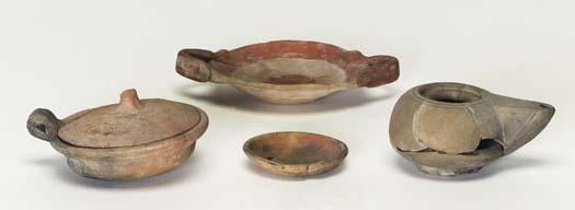 138 catalogue Nineteen to 20 artifacts: pyre lekanis with lid, two ribbon-handled plates, two rilled-rim plates, small black-gloss bowl, six small saucers, lopadion (cooking ware), two-handled