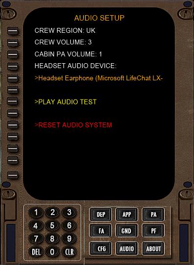 Note the button that says RESET AUDIO SYSTEM. Only press that if you seem to lose FS2Crew audio; that can happen if your audio device momentarily disconnects from the system.