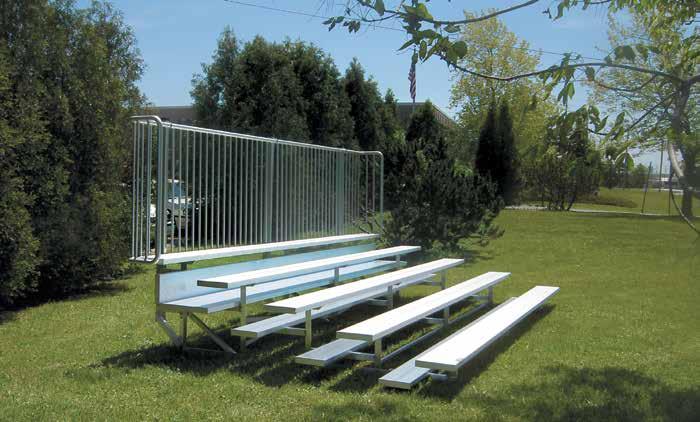 vertical picket guardrail system to comply with code Top seat over 30" on 3 and 4 row only (1) 2" x 10" riser plank on the top row of 5 row unit (2) 2"x 10" mill finish foot planks on all rows Model