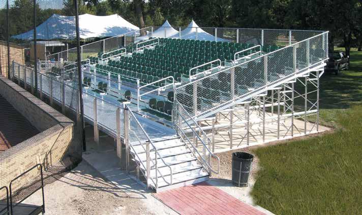 ADA SERIES ADA Series Bleachers feature wheelchair seating areas with companion seating to meet ADA accessibility requirements. Available with chainlink or vertical picket guardrail.