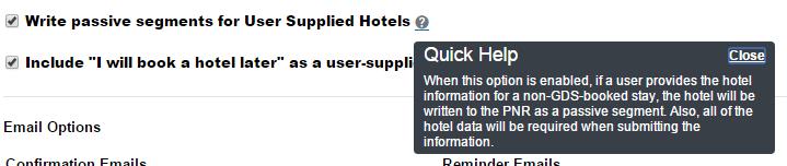 2. In the GDS PNR Options section of the travel configuration page, select (enable) the Write passive segments for User Supplied Hotels check box.