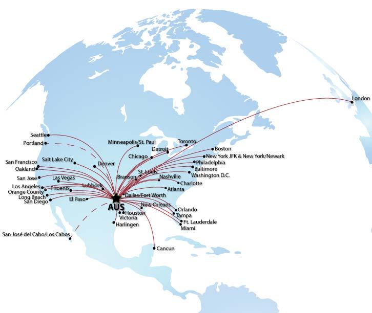 AUS Has Nonstop Service to 44 Destinations 5 New Airlines Have Begun Service in the Last Two Years Carriers 14 Nonstop Destinations 47 Daily Departures 146 Daily Seats 18,552 Average Aircraft Size