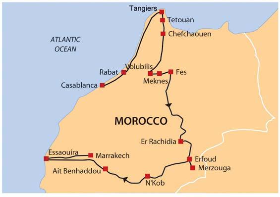 the historical town of Sefrou. Driving across the dramatic Middle Atlas, we arrive at Merzouga, where we ride camels into the golden sands of the Sahara.