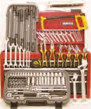 Seven piece 6-19mm chrome vanadium open ended spanner set. 14 piece 6-19mm chrome vanadium combination spanner set. 55 piece 3/ 8 drive socket and bit set. Six drawer red tool chest.