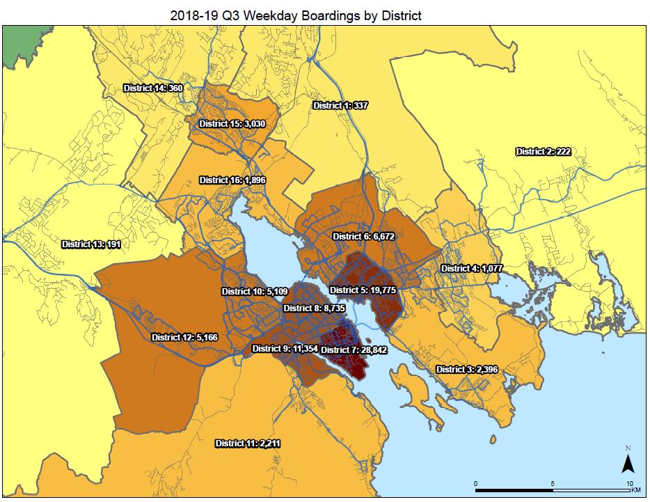 Boardings by District To assist in visualizing where ridership demands exist, boardings have been mapped by district.