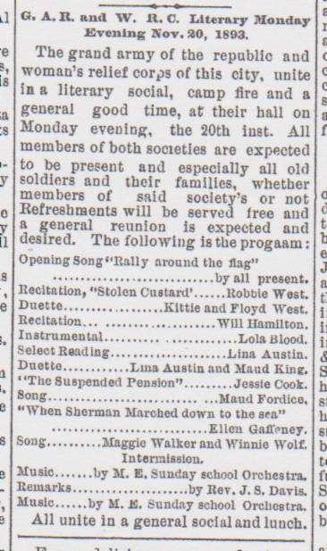 November 17, 1893, Enterprise, p. 4, col. 2, Evansville, Wisconsin A supper was given at the G. A. R. hall this evening for the benefit of the Baker Manufacturing Company band.
