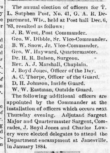 December 11, 1883, Enterprise, p. 1, col. 7, Evansville, Wisconsin Died -- Feb. 16th 1884, Mr. James R. Brown, aged 52 years.