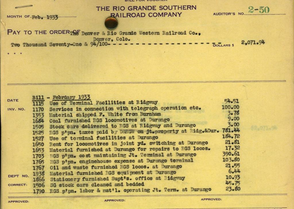 8. List of money paid to the D&RGW for supplied services for February 1933. 9.