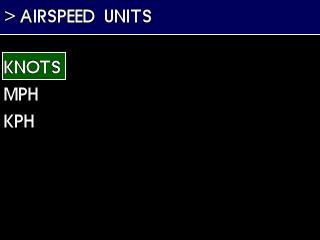 4.5.2 AIRSPEED UNITS The AIRSPEED UNITS setting allows the installer to select the airspeed units to KNOTS, MPH (miles per hour) or KPH (kilometers per hour). The default setting is KNOTS.