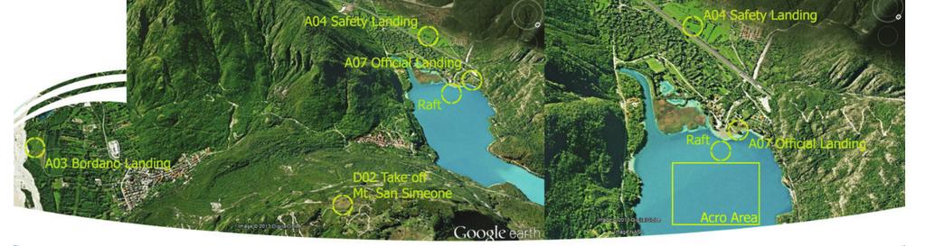 OFFICIAL BID 3rd FAI WORLD PARAGLIDING AEROBATIC CHAMPIONSHIP - FRIULI VENEZIA GIULIA - ITALY D02 Take off: 13,101600 E 46,329833 N (Mount San Simeone official take off) 1180 m Asl A03 Landing: