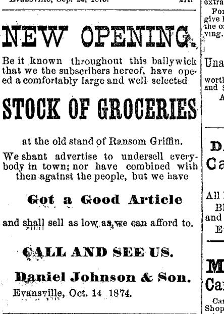 April 7, 1875, Evansville Review, p. 2, col. 2, Evansville, Wisconsin October 13, 1875, Evansville Review, p. 3, advertisements Mr. W. H.
