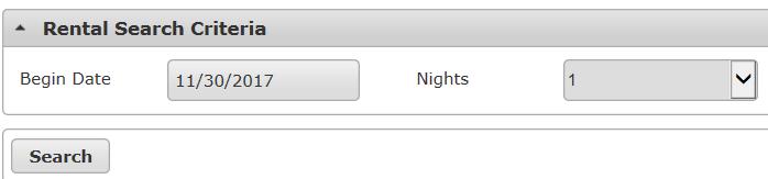 2. ON THE NEXT PAGE, select your arrival date and the number of nights you wish to stay. Click Search.