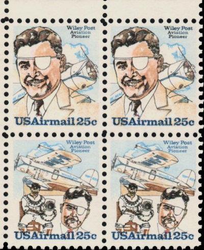 Wiley Post flew his way onto a pair of stamps in 1979. A stamp in 1927 marked airmail pilot Charles Lindbergh's first transatlantic flight.