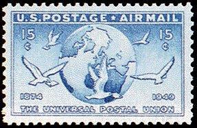 The stamp on the left was issued in October 1949 celebrating the 75 th anniversary of the Universal Postal Union.