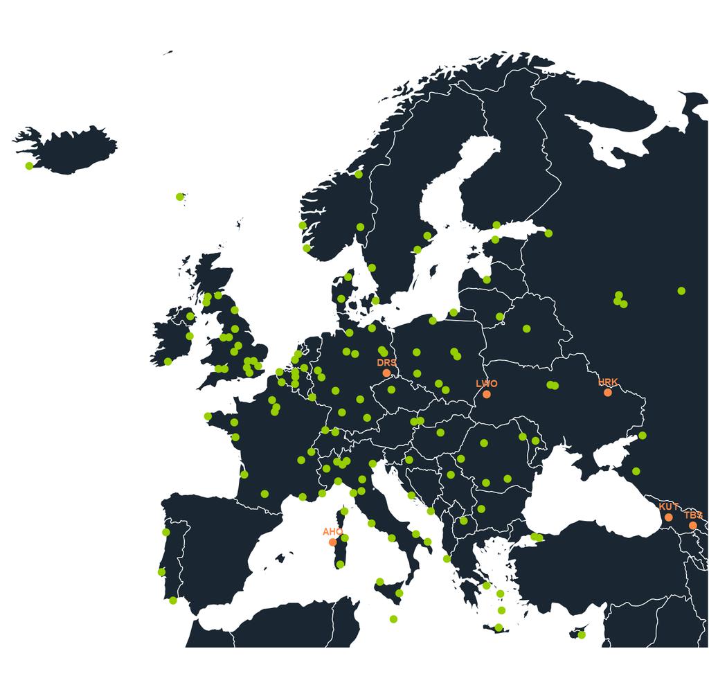 18/2/2019 MAP (Europa) Route map Europe 2018 Pax 31,2M Share 62 % Destinations 145 Routes 256 Top countries Italy United Kingdom France Germany Netherlands Destinations 18 17 13 12 3 Aena.