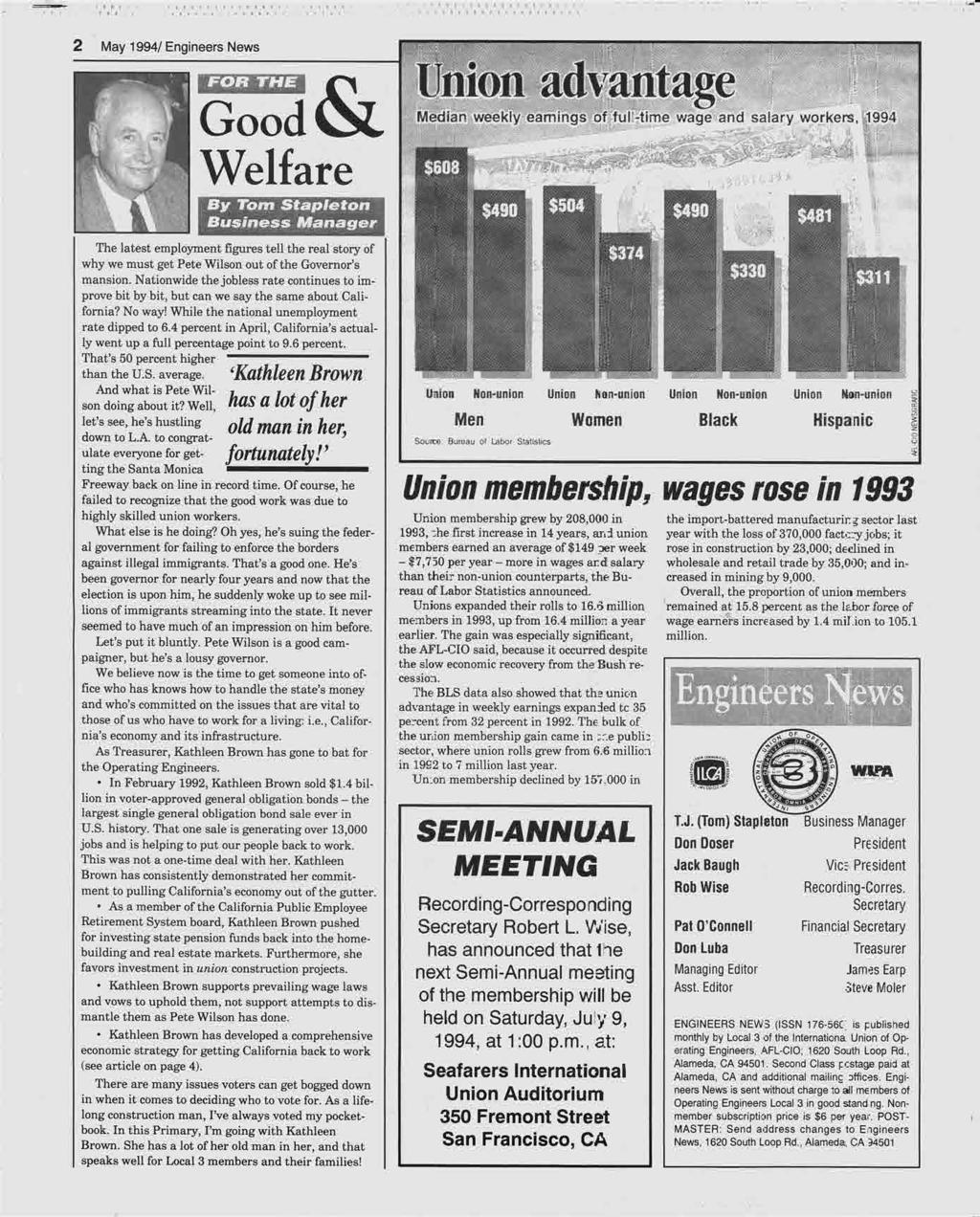 'll'' 'll/'',''',/'i.' ',\21'/4.6 2 May 1994/ Engineers News F < FOR THE Cy Union - 11 32 advantlige»- i d - 2 -*= Good Median weekly earnings of ful -time wage and salary workers, 1994 1 1~~C ~~.