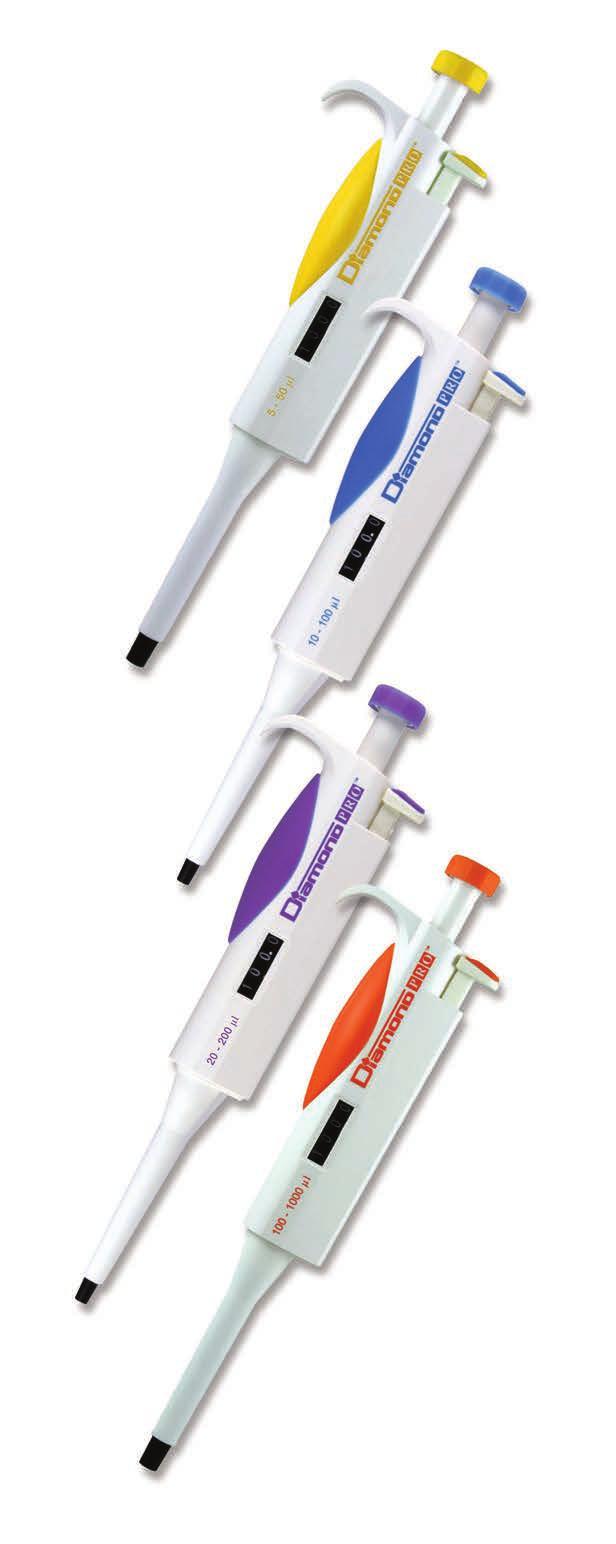 Pipettors Diamond Pro High-Performance Pipettors The Diamond PRO pipettor is designed with a thermo plastic elastomer grip that minimizes fatigue of hands and fingers.