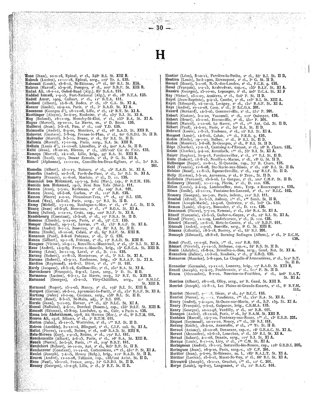 - m - H Haas(Jean),20-2-16, Epinal,2*cl.,348'R.LSt.XIIIB. Hautier(Léon),8-10-11, Ferrière-la-Petile, a' cl.,84"r.i.st.ii D, Habeck(Lucien), 11-11-18, Epinal,serg.,12/1'Tr.A.135.