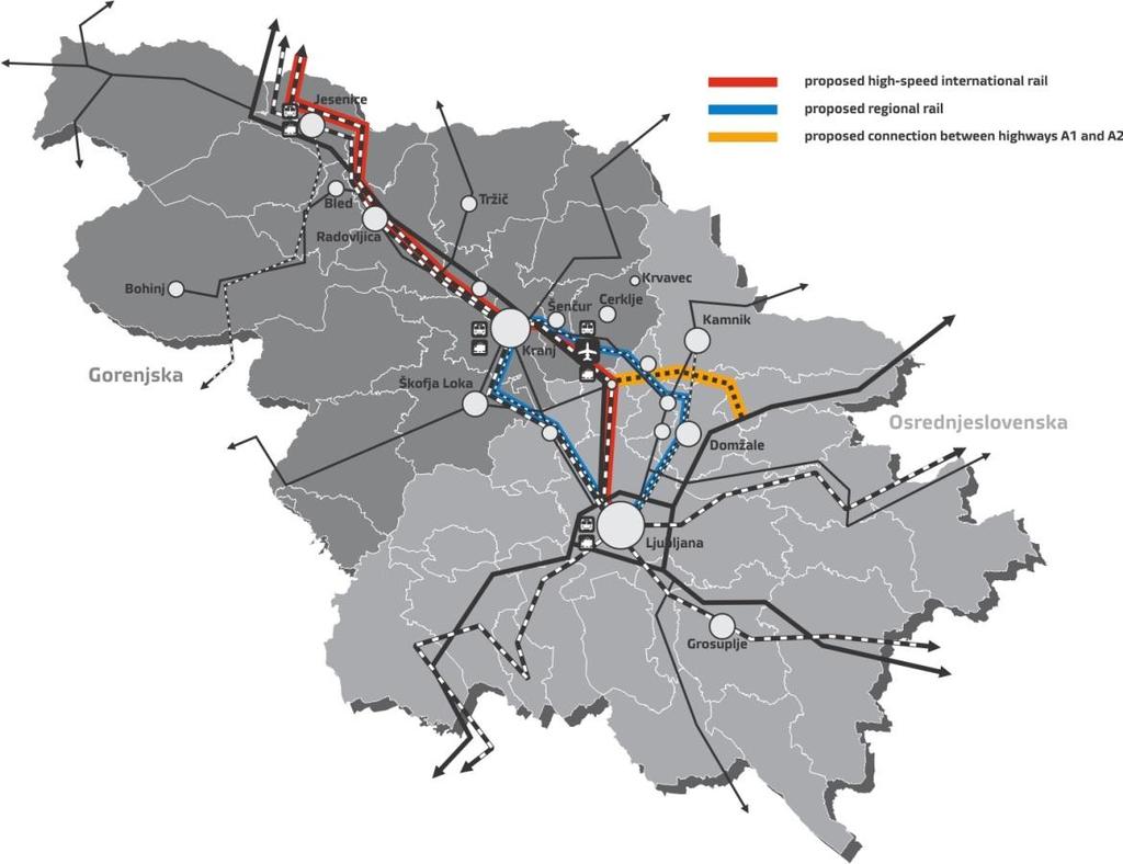 Planned road and railway connections in the area around the Ljubljana Airport According to Masterplan Ljubljana Airport with rail connection to Ljubljana and Kranj