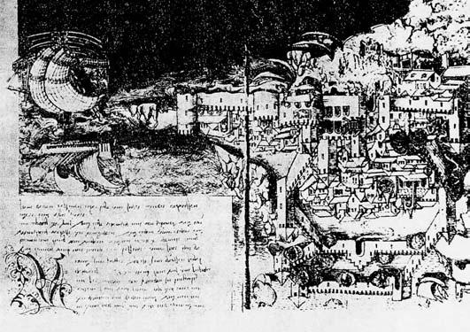 Sl. 1. Konrad von Grünemberg Pilgerreise von Konstanz nach Jerusalem: Prva poznata veduta grada Hvara, 1486. Autor prikazuje grad u reduciranoj nestvarnoj geografiji zapadnoga dijela otoka.