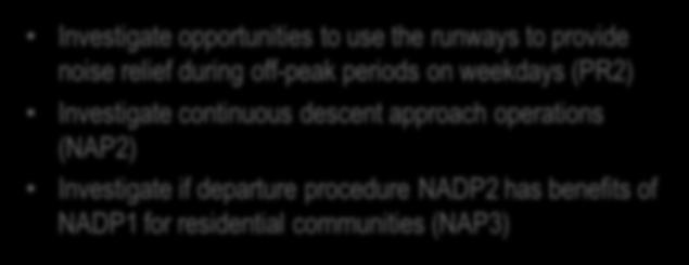 during off-peak periods on weekdays (PR2) Investigate continuous descent approach operations (NAP2) Investigate if departure procedure NADP2 has benefits of NADP1 for