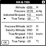 The Options menu also contains a Density Alt & True Airspeed item. Enter the altitude and pressure, and the pressure altitude is calculated.