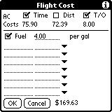 In the example, the possible ways of costing a flight in this aircraft are $40 per hour, and/or $5.75 per nautical mile, and/or $8 per takeoff.