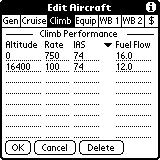 The third aircraft form (Climb) collects the data used to calculate climb performance and climb fuel consumption. Climb performance (time to climb, distance to climb, etc.