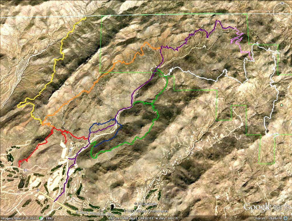 This Google Earth map shows an overlay of the Tortolita Trails, color coded to match the hike descriptions.