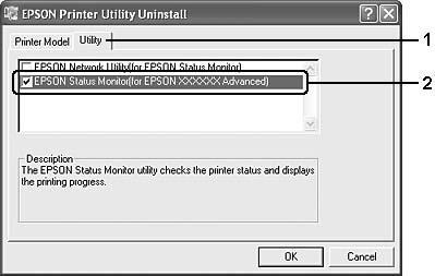 6. Ako želite da deinstalirate sa uslužni program, kliknite na karticu Utilities, zatim izaberite polje za potvrdu pored softvera štampača koji želite da deinstalirate. 7. Kliknite na dugme OK.
