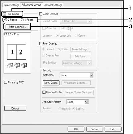 Promena rasporeda štampanja Ova funkcija omogućava štampanje više stranica na jednom listu papira. Za korisnike operativnog sistema Windows 1. Izaberite karticu Advanced Layout. 2.