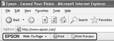 Kada instalirate EPSON Web-To-Page, na traci sa alatkama programa Microsoft Internet Explorer Toolbar pojaviće se traka sa menijima.