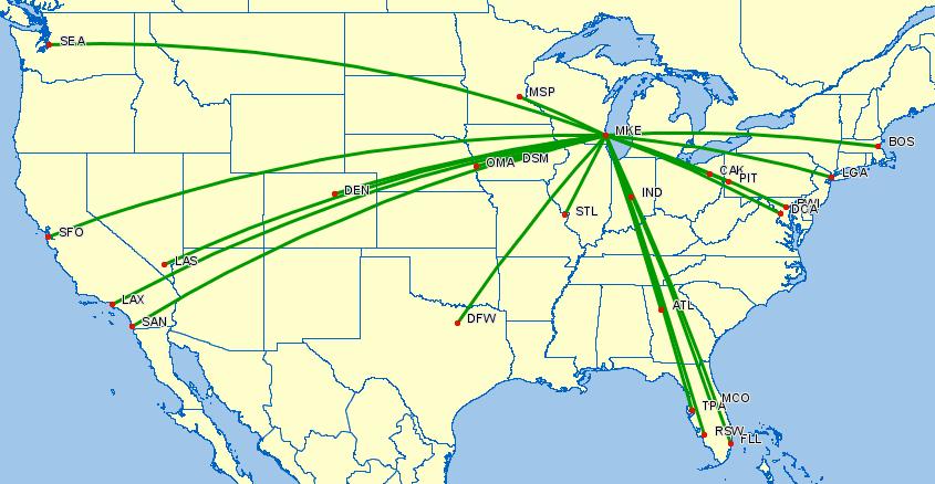 QSI Forecasts Let s say we want to approach AirTran about new SNA-MKE service This map represents FL s MKE schedule for June 2010 23 destinations Connections to