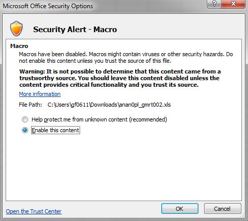 Slika 13: Security Warning (Bezbednosno upozorenje) (makroi onemogućeni) Slika 14: Prozor Security Options (Bezbednosne opcije) (za omogućavanje makroa) 4.