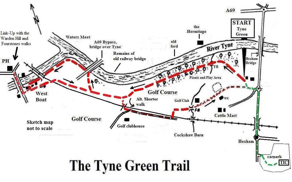 The Tyne Green Trail This easy going circular walk is on level ground throughout. It follows the course of the River Tyne between Hexham Bridge and the turning point just past Watersmeet.