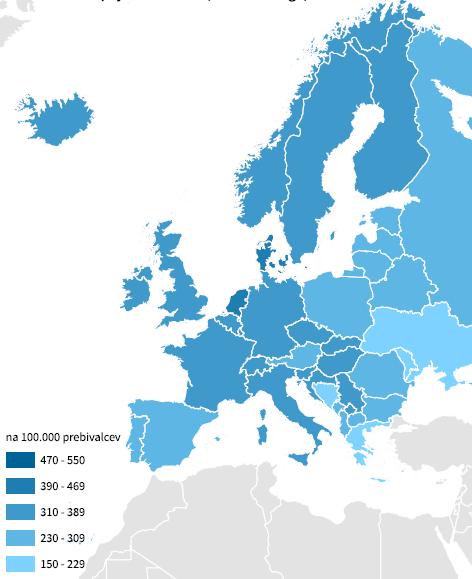 2.4.2 Graf 7: Starostno standardizirana incidenčna stopnja (SSS) vseh rakov razen kožnega (ocena podatkov) MOŠKI, Slovenija in EU, 2012 2.4.2 Graf 8: Starostno standardizirana incidenčna stopnja (SSS) vseh rakov razen kožnega (ocena podatkov) ŽENSKE, Slovenija in EU, 2012 Viri: EUCAN http://eu-cancer.
