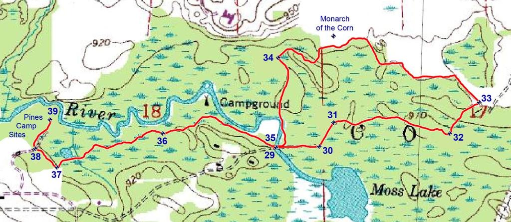 CPT West Trails Trek 1 st day, Moss Lake Dam to Pines Campsites (Kensington Start Edition Map #4) 29. E After crossing over the bridge, continue east (215m) to the second marked intersection. 30.