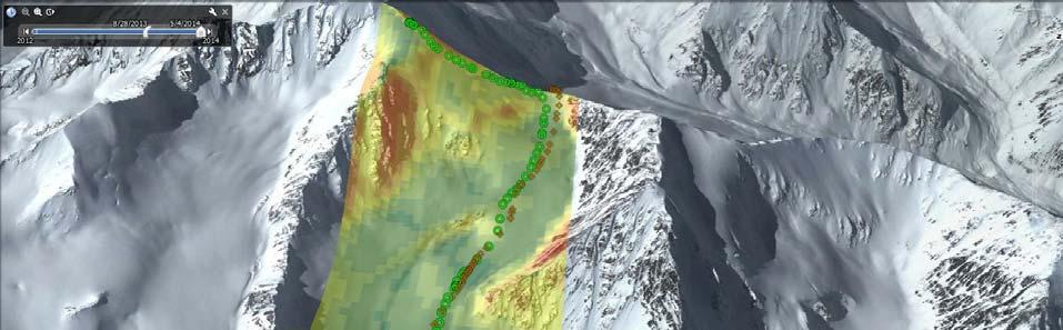 Figure 2: GPS tracks for April 9th shown with the orange diamonds (Considerable avalanche Hazard / Wind slab and persistent slab) and April 23rd shown with the green circles (Low avalanche hazard /
