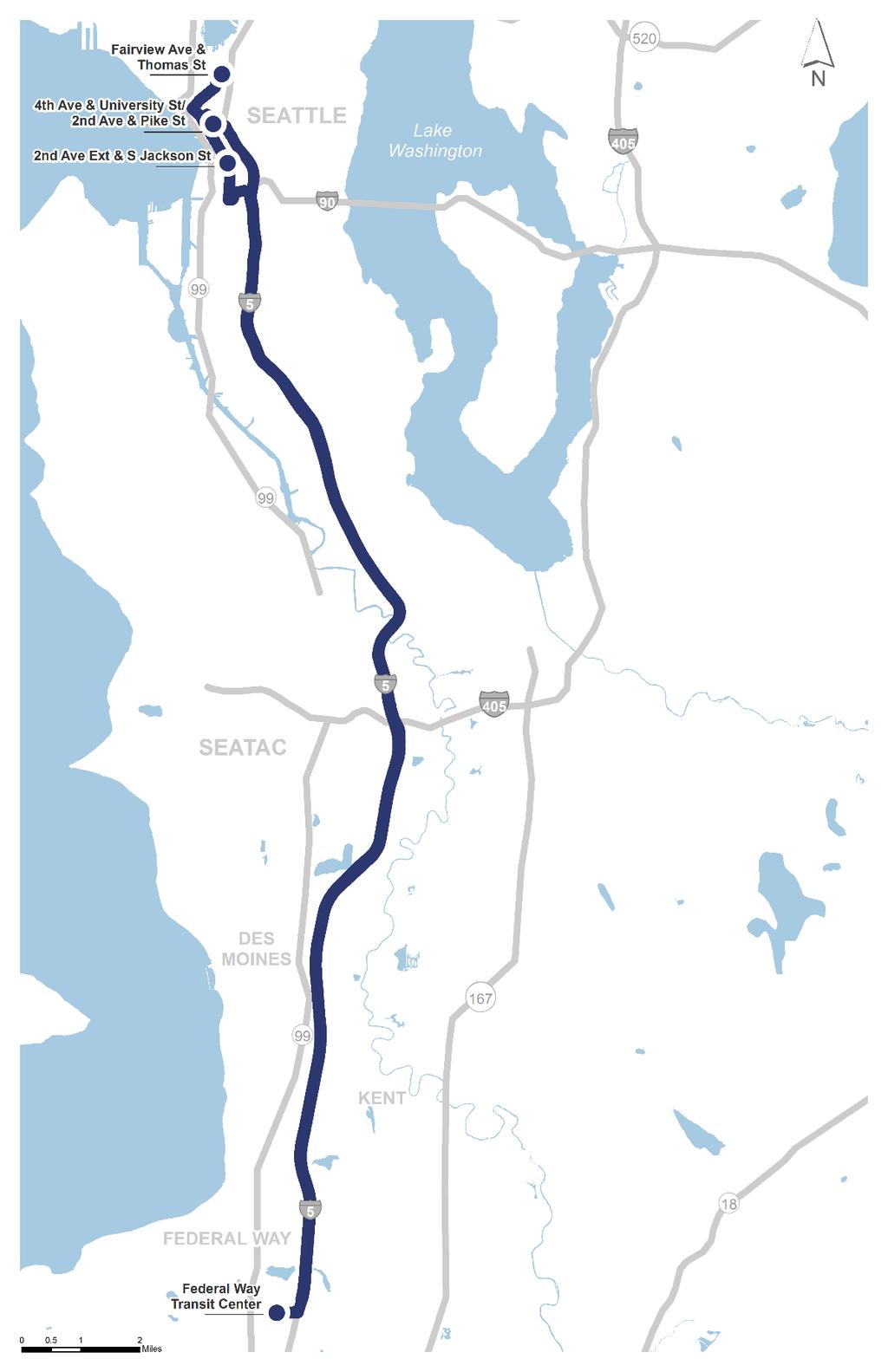 Route 577: Federal Way Seattle I-5 S NORTHBOUND STOPS AVERAGE WEEKDAY ONS OFFS Federal Way Transit Center 913 0 5th Ave & Seneca St 5 383 4th Ave & University St 1 175 Pine St & 3rd Ave 3 262 2nd Ave