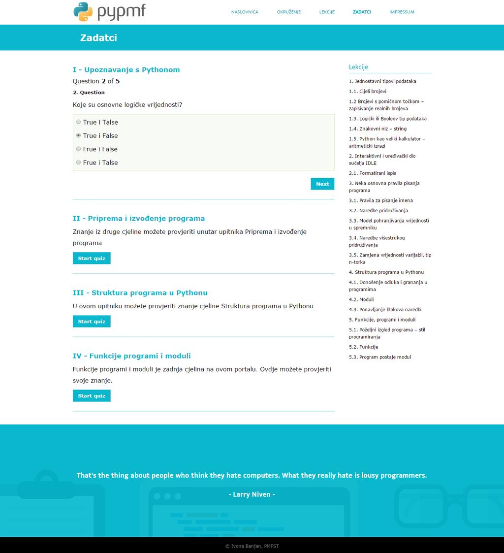 Dizajn stranica Zadatci i Impressum je jednak kao i prethodne dvi navedene. No, unutar odjeljka Zadatci (slika 7) s lijeve strane se nalaze naslovi četiri cjeline čiji su sadržaji obrađeni na portalu.