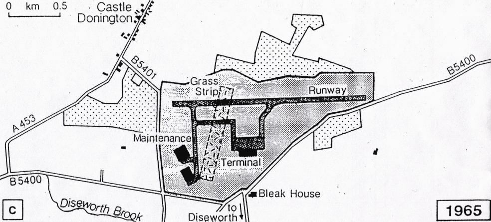 Fig. 2 - East Midlands Airport - Layout 1965 West North Note the single east-west runway with airport infrastructure located to the south of the runway. 3. Passenger Traffic Fig.