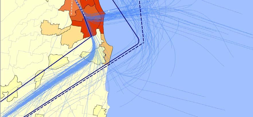 Figure 5 Gold Coast Airport Complainants with Respect to Jet Departures Figure 5 shows how actual flight paths of aircraft correlate with Standard Instrument Departures (in bold line above) during a