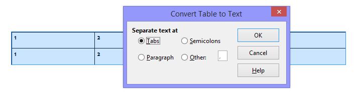 OK. Pretvoriti tablicu u tekst Označiti tablicu te otići na Table -> Convert -> Table to Text.