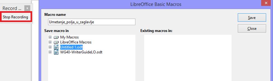 Snimiti makronaredbe kao što su: promjena postavki stranice, umetanje tablice sa retkom naslova koji se ponavlja, umetanje polja u zaglavlje, podnožje dokumenta Otići na Tools -> Macros -> Record