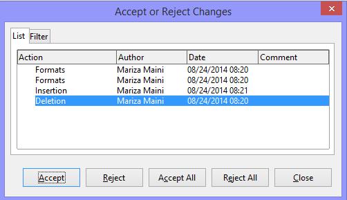 Prihvatiti, odbaciti promjene u dokumentu Listu načinjenih promjena možete vidjeti ukoliko odete na Edit -> Changes -> Accept or Reject.
