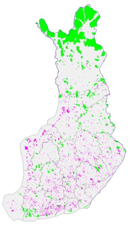 Protected areas in Finland Large PAs on state land in the north PAs on private land numerous but small, mostly in southern and central Finland 1700 pending nature reserves (total 766 500 ha) to be