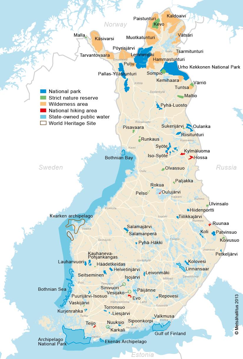 Protected areas managed by Metsähallitus NHS 37 national parks 19 strict nature