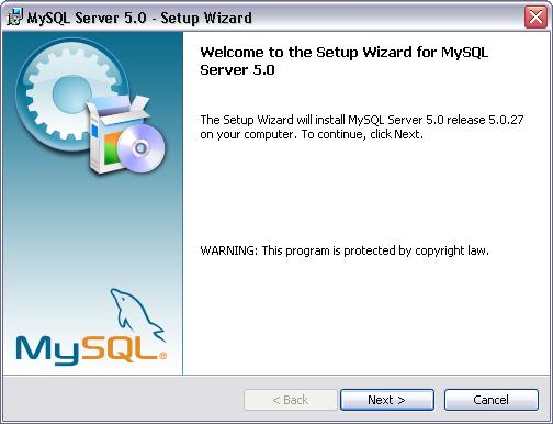 U daljem tekstu biće dat prikaz instaliranja MySQL servera korišćenjem kompletnog paketa. Biće instaliran MySQL Community Server (trenutna stabilna verzija je 5.0.27