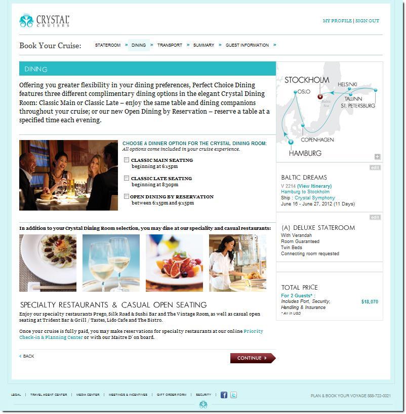 Dining Reservations This pages allows you to reserve dining times and seating preferences, including our new Open Dining by Reservation.